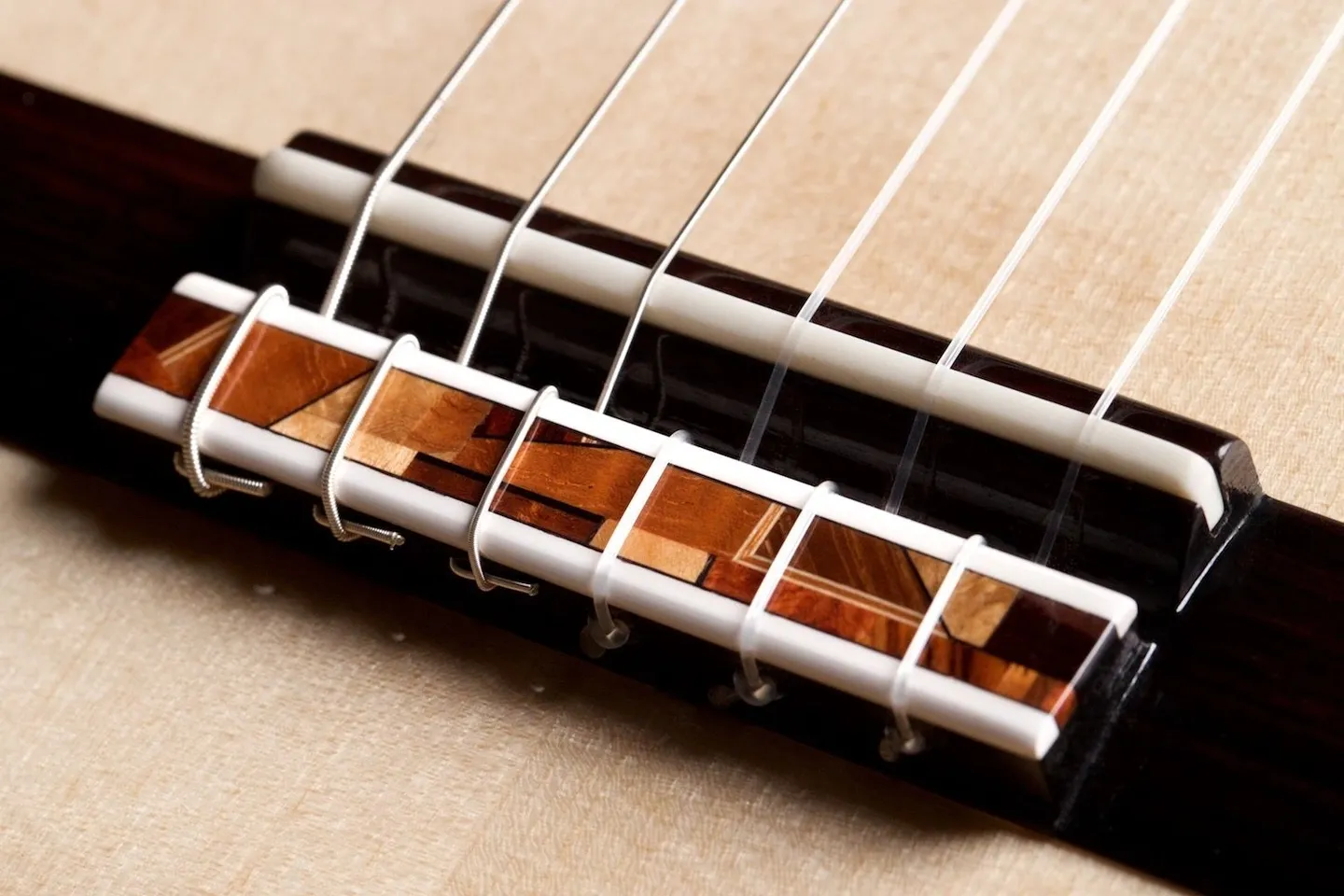 A close up picture of the strings attached to the guitar