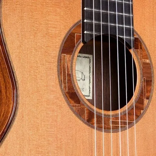 A close up picture of a guitar with six strings